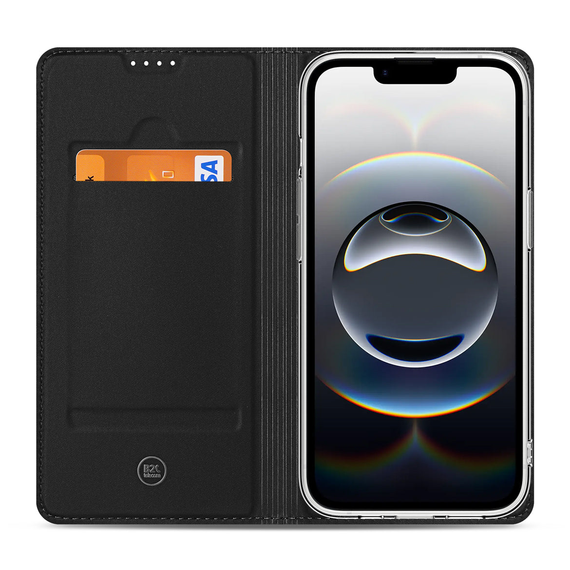 Stand Case Hoesje iPhone 16e – Wit met Pashouder, open met kaartvak voor iPhone 16e in zwarte binnenkant.