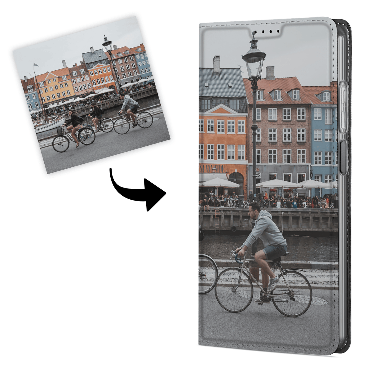 Uitleg met pijl: losse stadsfoto met fietsers wordt voorbeeldontwerp op de gesloten klep van de Moto G34 standcase