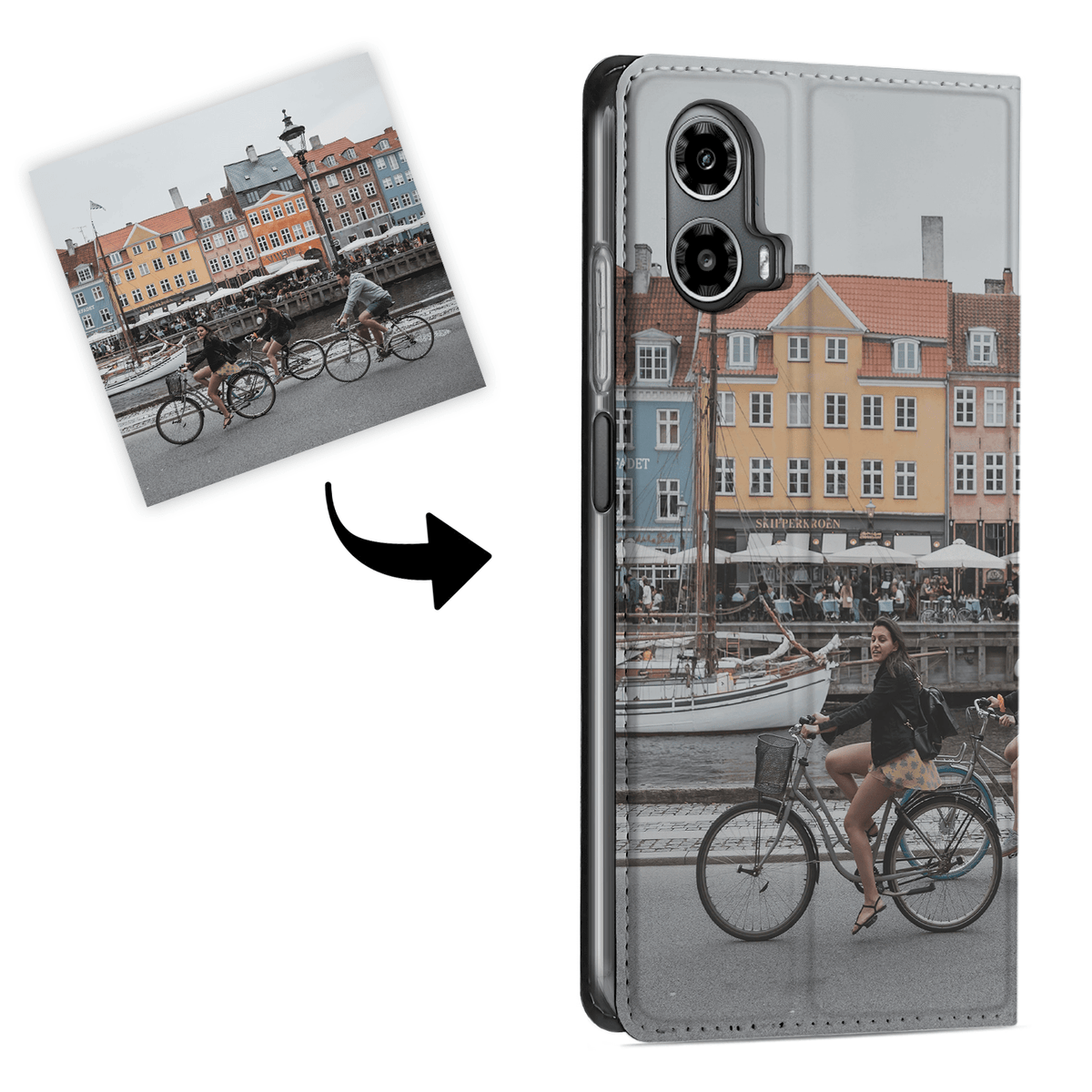 Uitleg met pijl: foto wordt voorbeeldontwerp op de achterzijde van de Moto G34 standcase met uitsparing voor twee lenzen