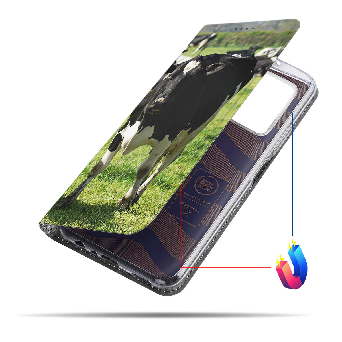 Half geopende klep en toestelhouder, schuin van opzij: Nokia G42 standcase met een koe als voorbeeld