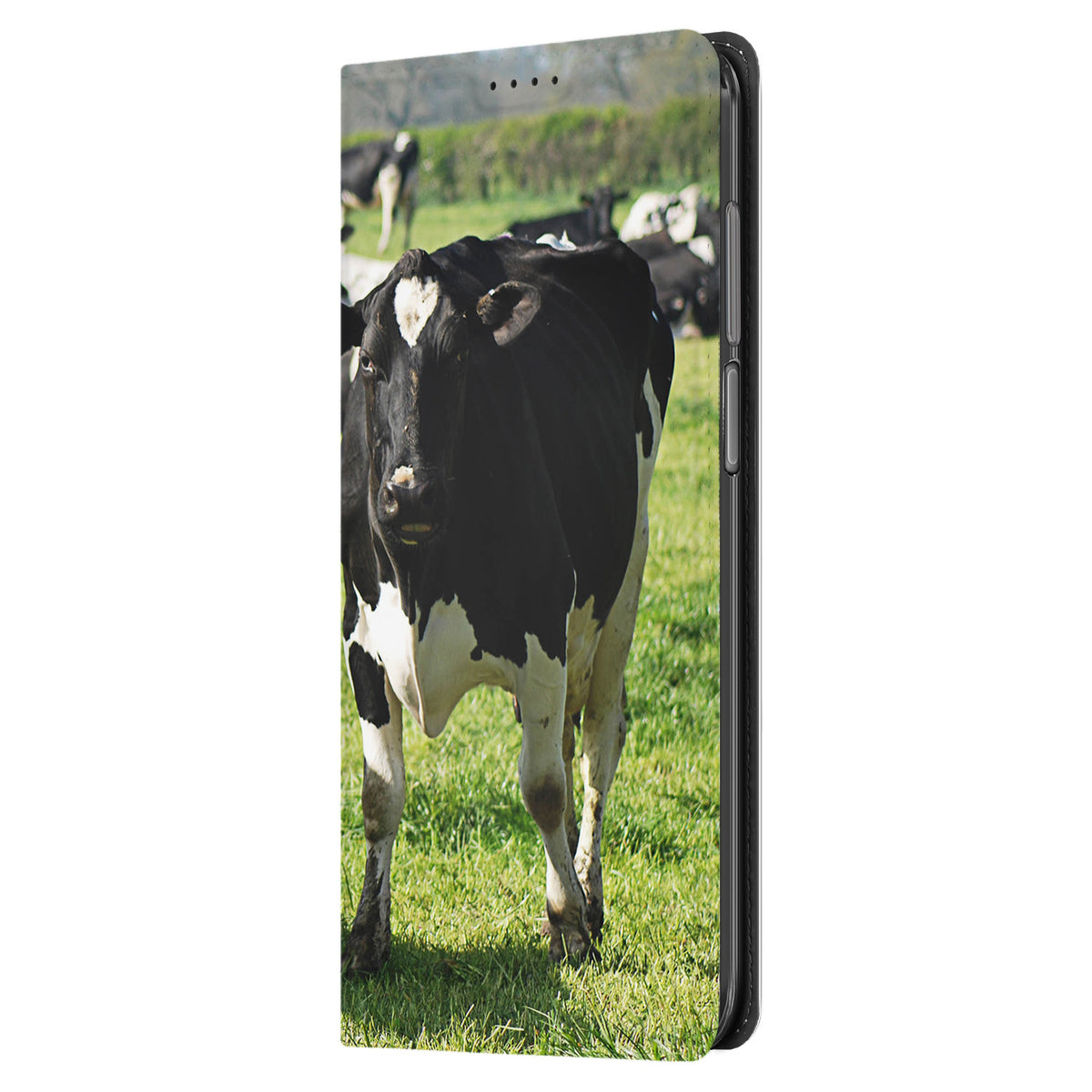 Knopuitsparingen in de zijkant van de gesloten Nokia G42 standcase, voorbeeldontwerp met een zwartbonte koe