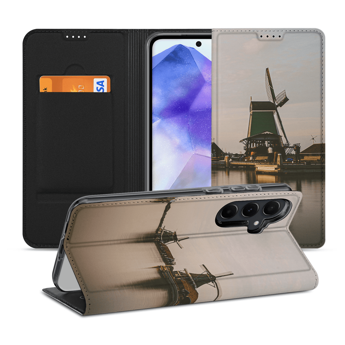Standpositie liggend en open pasjesvak van de Samsung Galaxy A55 standcase met windmolenfoto