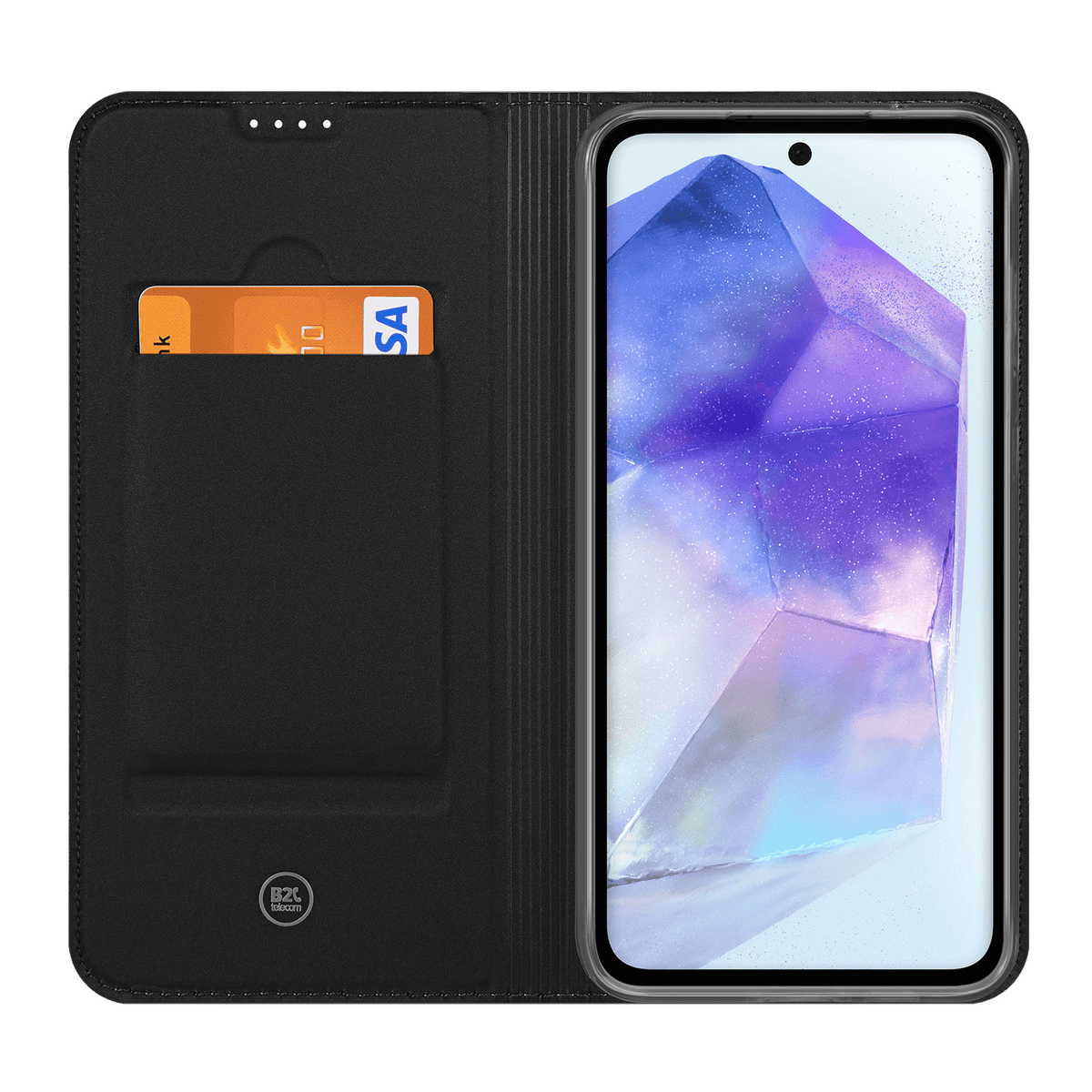 Pasjesvak met pasje naast de Galaxy A55 in de houder van de opengeklapte standcase