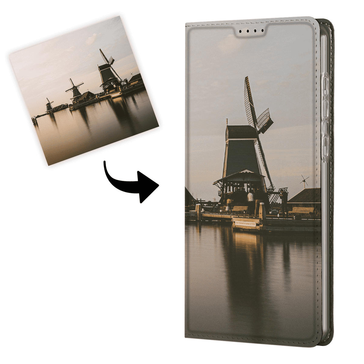 Klep van de Galaxy A55 standcase met uitsnede van een windmolenfoto, uitleg met losse foto en pijl