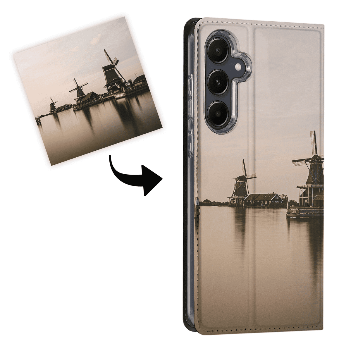 Camera-uitsparing met deel van een windmolenfoto, uitleg voor de Samsung Galaxy A55 standcase