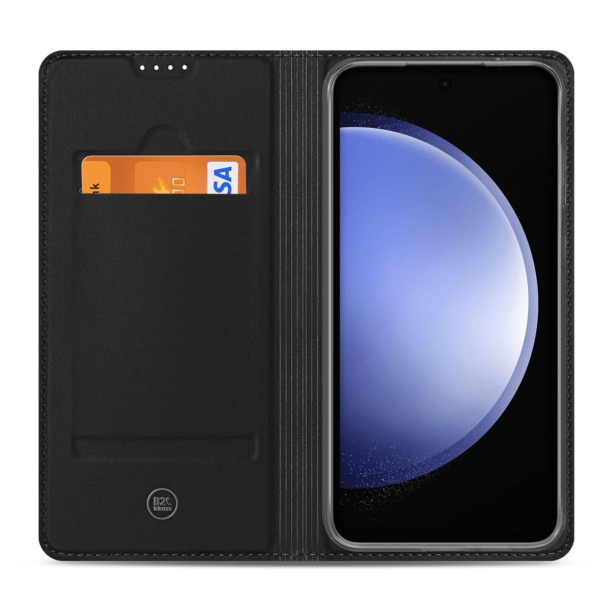 Samsung Galaxy S23 FE standcase opengeklapt van bovenaf, met pasjesvak links en het toestel in de houder