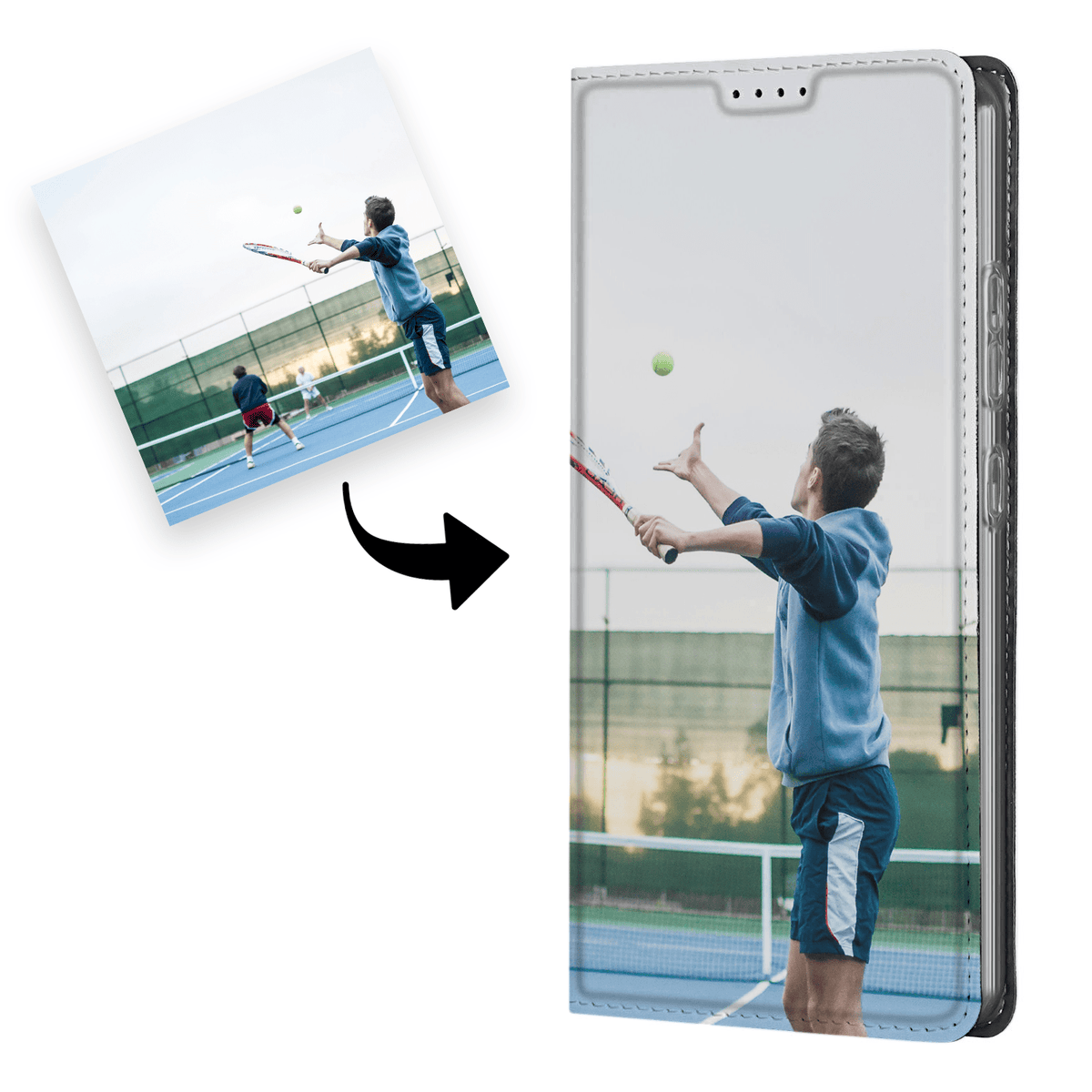 Zo werkt het ontwerpen: losse tennisfoto met pijl naar de dichte klep van de Galaxy Xcover 7 standcase