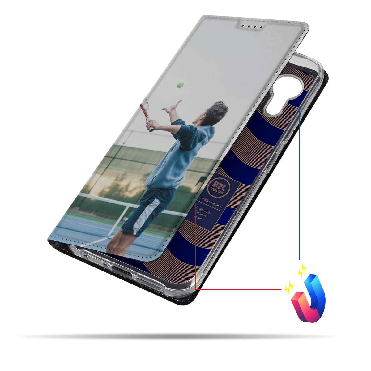 Klep openen: Galaxy Xcover 7 standcase schuin en half geopend, voorbeeldontwerp met serverende tennisser