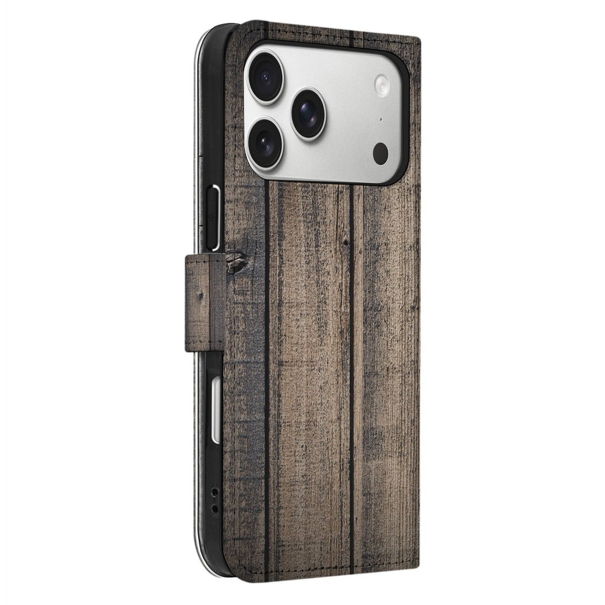 Zijaanzicht van het Steigerhout bookcase hoesje voor iPhone 18 Pro met houtprint op de rug