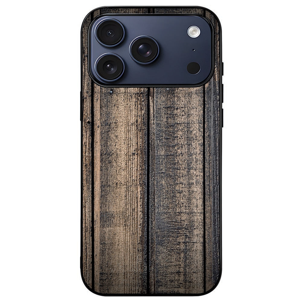 iPhone 18 Pro in het Steigerhout telefoonhoesje, houtplanken omkaderd door de zwarte rand