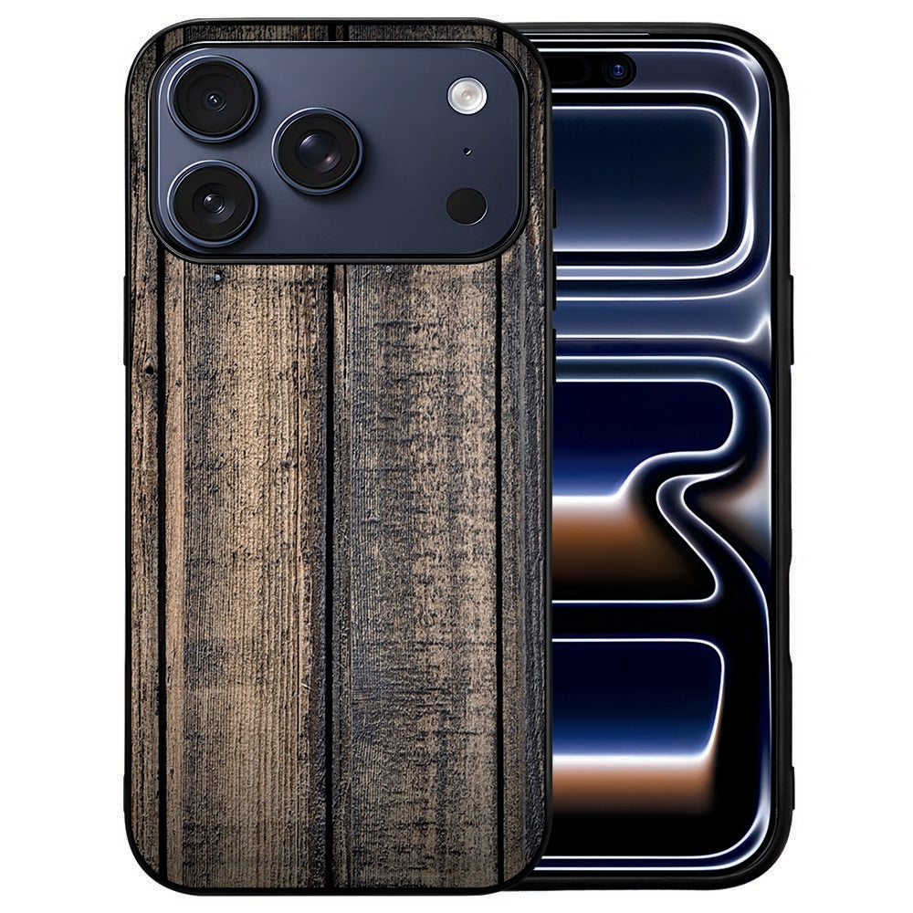 Geelbruine steigerhoutprint op de achterkant van het Steigerhout iPhone 18 Pro hoesje