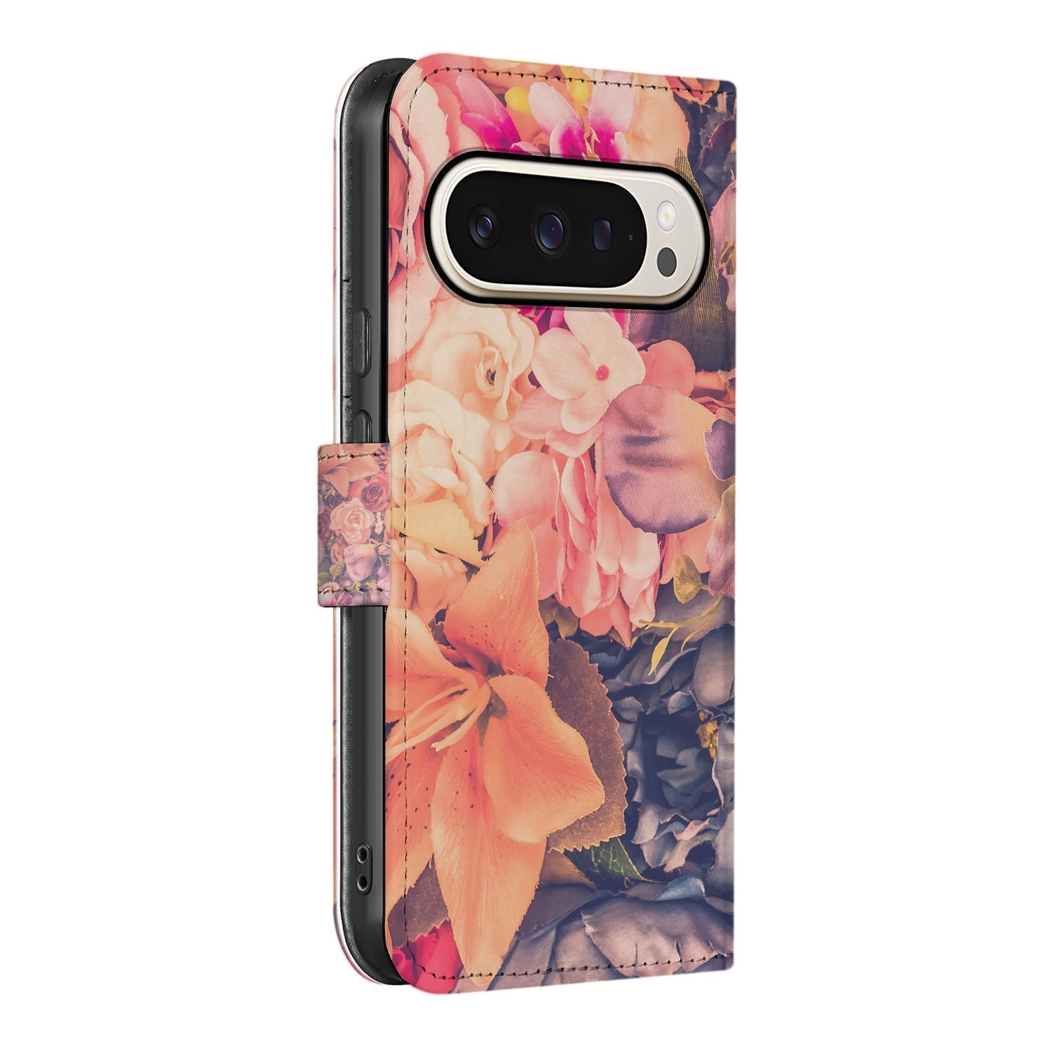Telefoonhoesje Google Pixel 10 | 10 Pro Bosje Bloemen Roze Oranje Paars book case bloemenprint zijkant