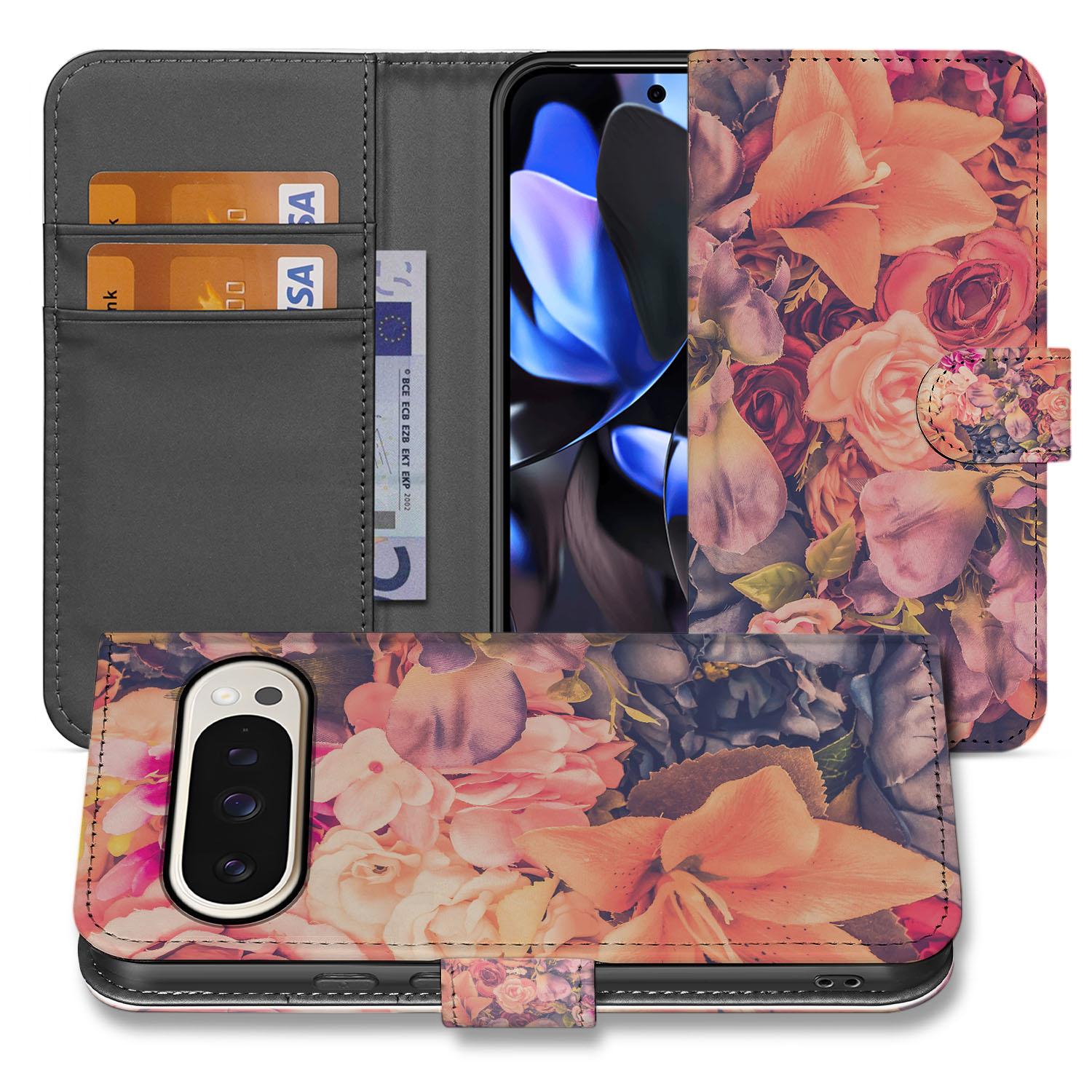 Telefoonhoesje Google Pixel 10 | 10 Pro Bosje Bloemen Roze Oranje Paars hoesje portemonnee bloemenkleuren aanzicht