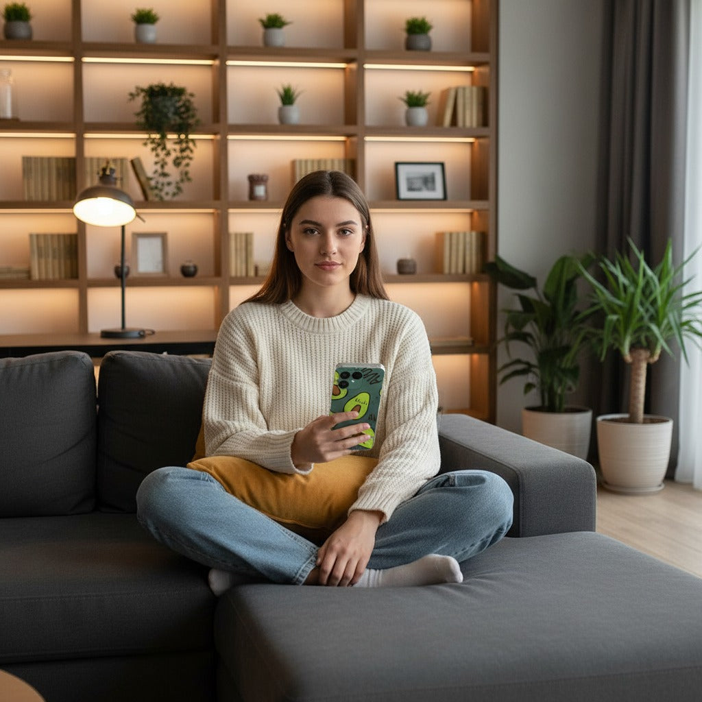 Hoesje Fairphone 6 Avocado Singing – TPU Back Cover - lifestyle foto in huiselijke setting