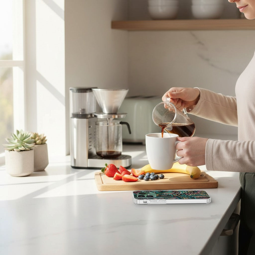 Fairphone 6 Hoesje Aztec – TPU Back Cover - lifestyle foto in huiselijke setting