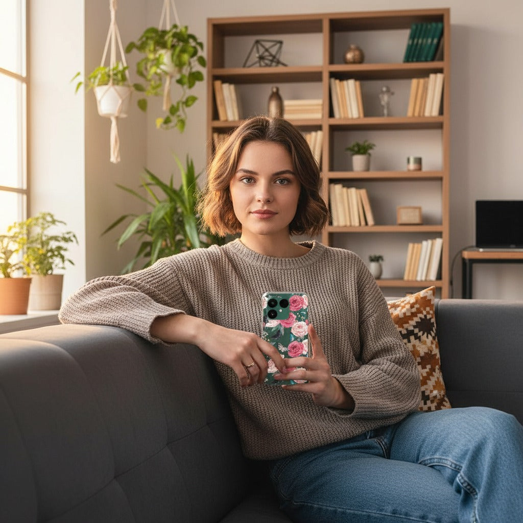Butterfly Roses Fairphone 6 Hoesje – TPU Softcase - lifestyle foto in huiselijke setting