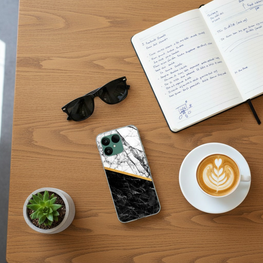 Hoesje Fairphone 6 Marble White Black – TPU Back Cover - lifestyle foto in huiselijke setting