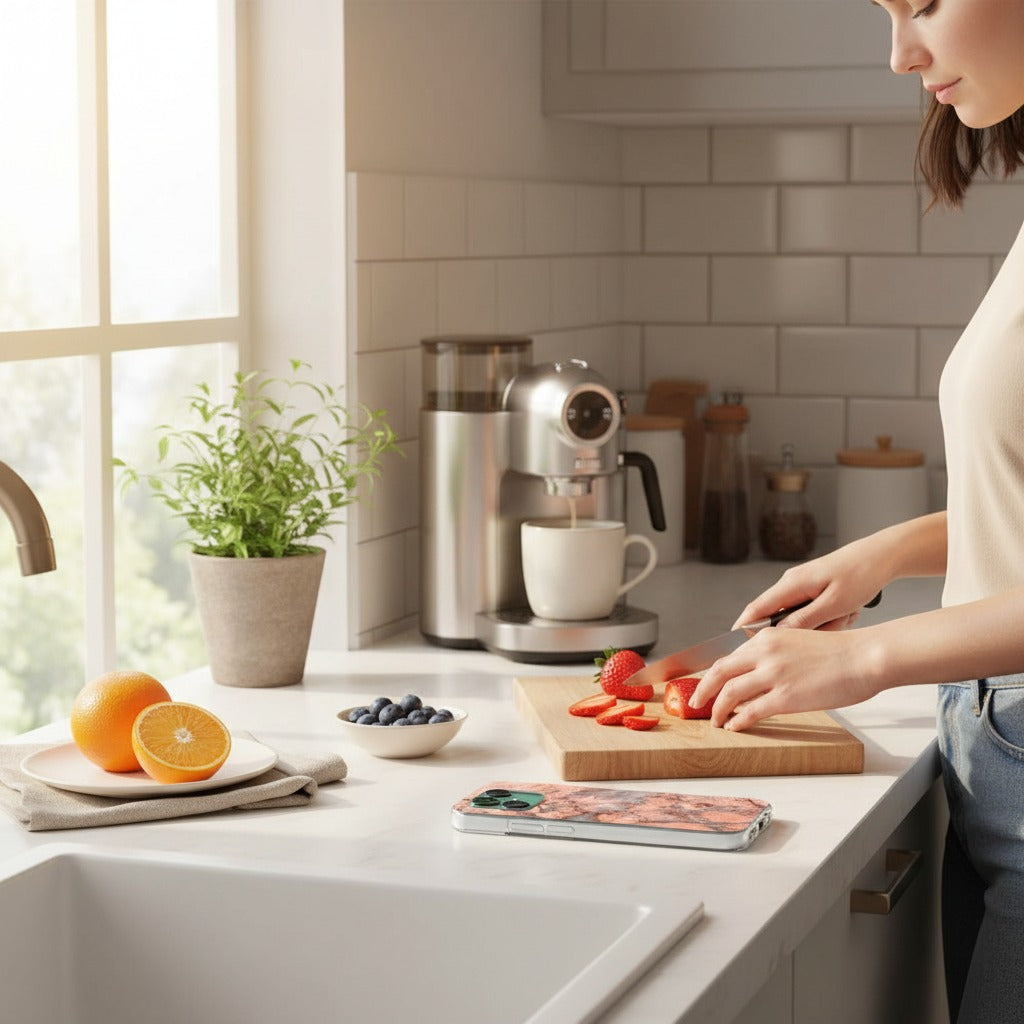 Fairphone 6 Marmer Oranje Hoesje | TPU Case - lifestyle foto in huiselijke setting