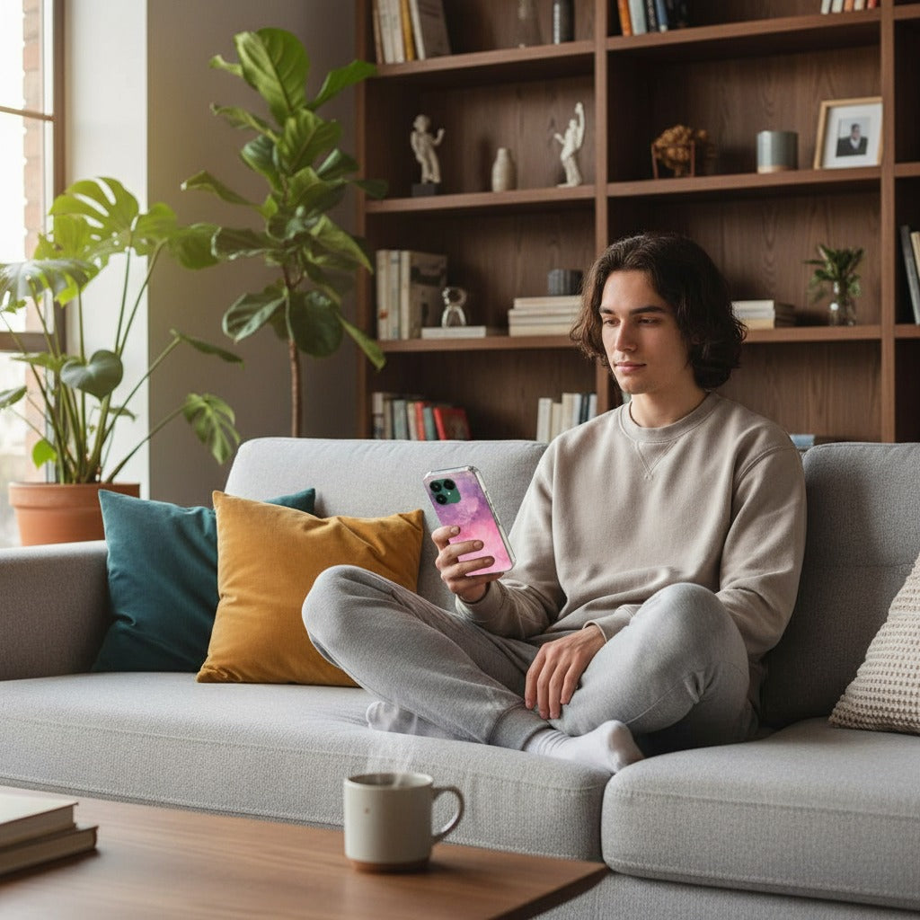 Fairphone 6 Pink Purple Paint Hoesje | TPU Case - lifestyle foto in huiselijke setting
