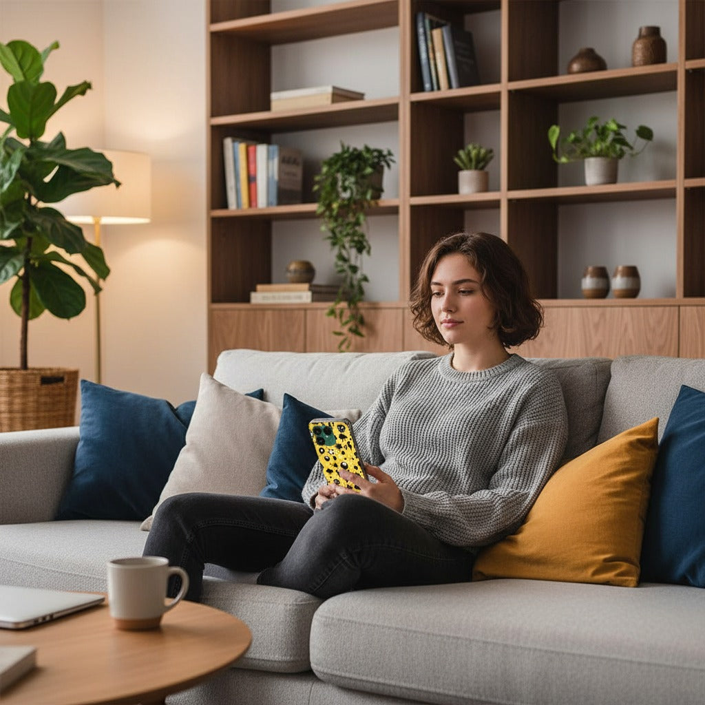 Fairphone 6 Punk Yellow Hoesje | TPU Case - lifestyle foto in huiselijke setting