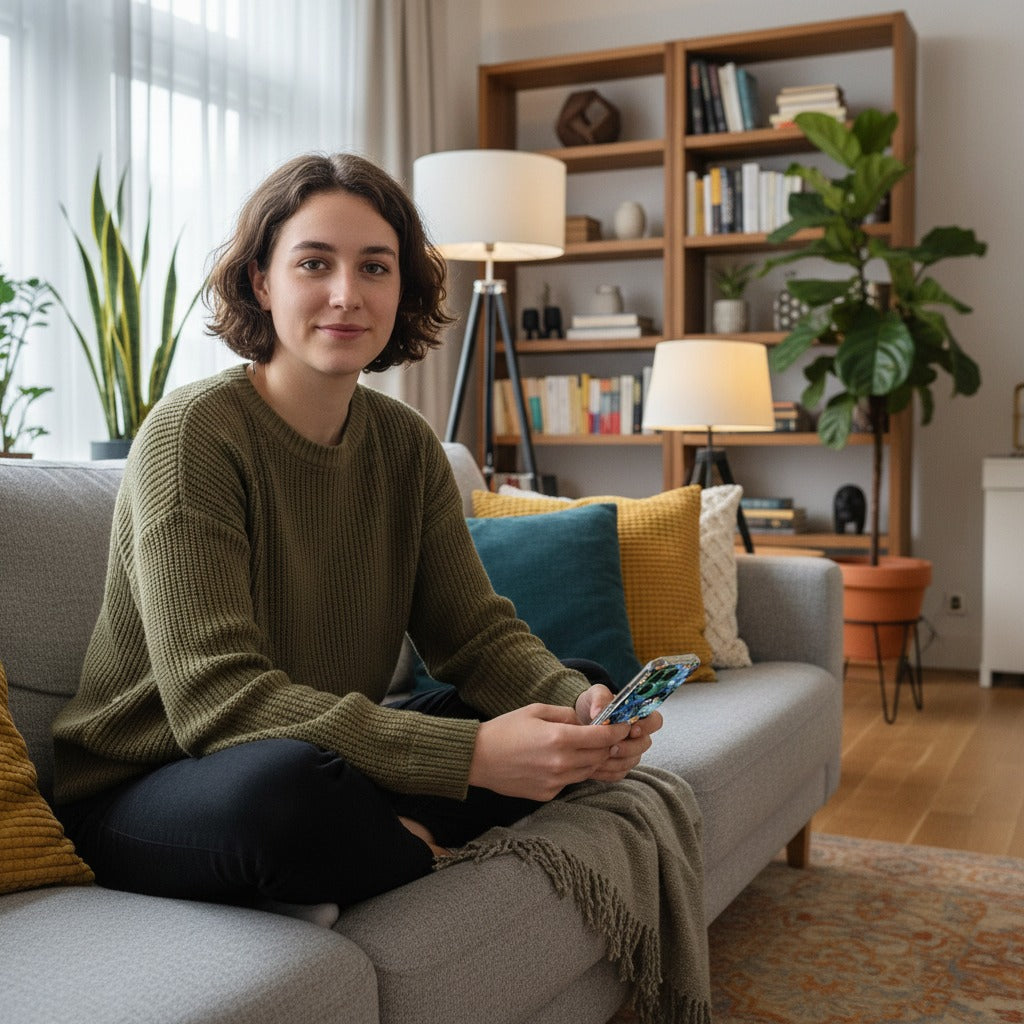 Fairphone 6 IJsvogel Hoesje | Siliconen Case - lifestyle foto in huiselijke setting