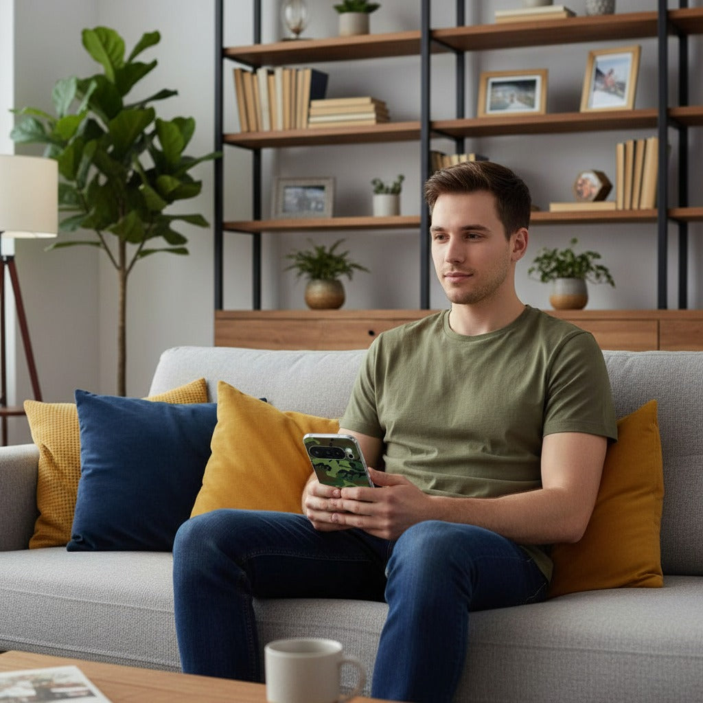 Google Pixel 10 / 10 Pro TPU hoesje Army Dark - lifestyle foto in huiselijke setting