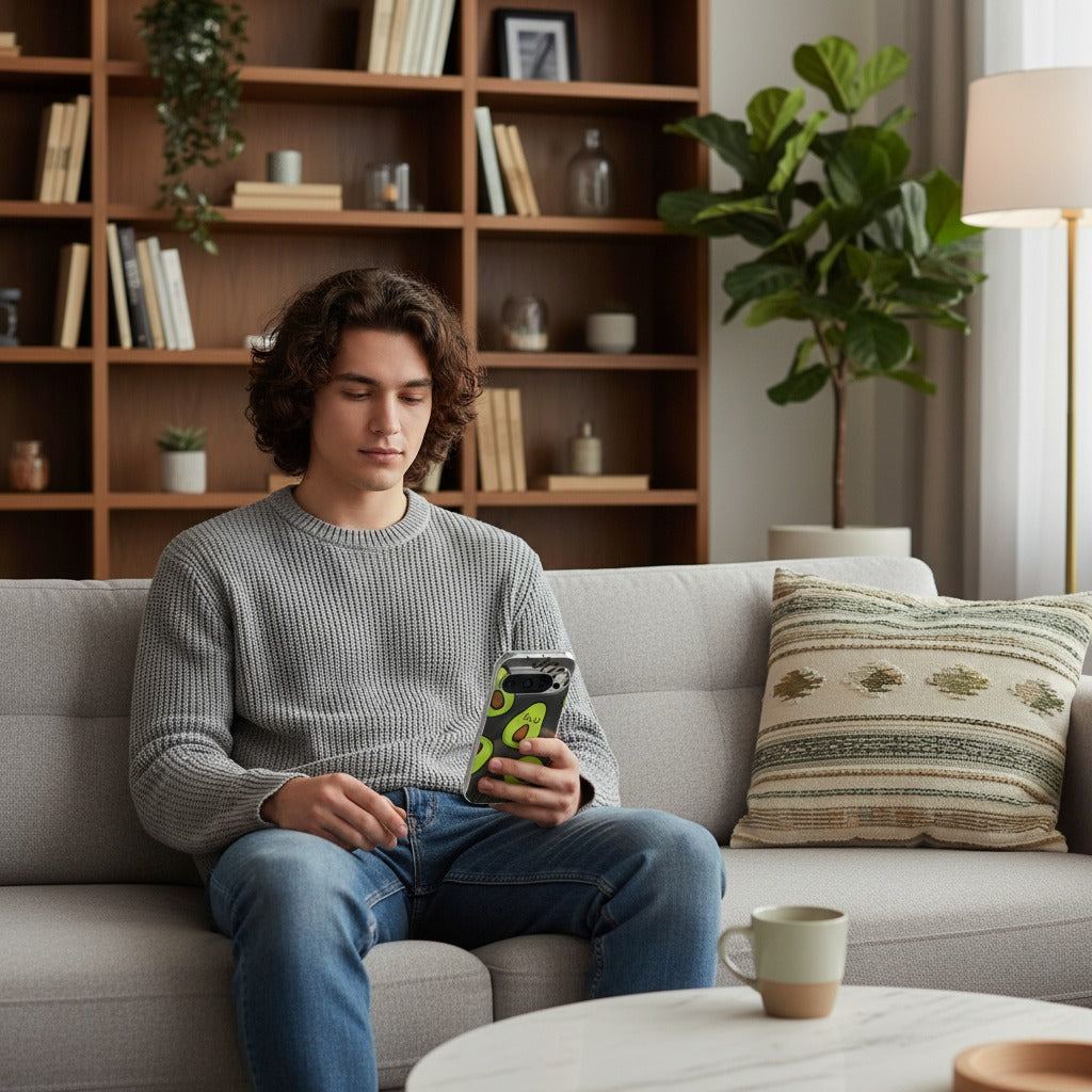 Google Pixel 10 / 10 Pro TPU hoesje Avocado Singing - lifestyle foto in huiselijke setting