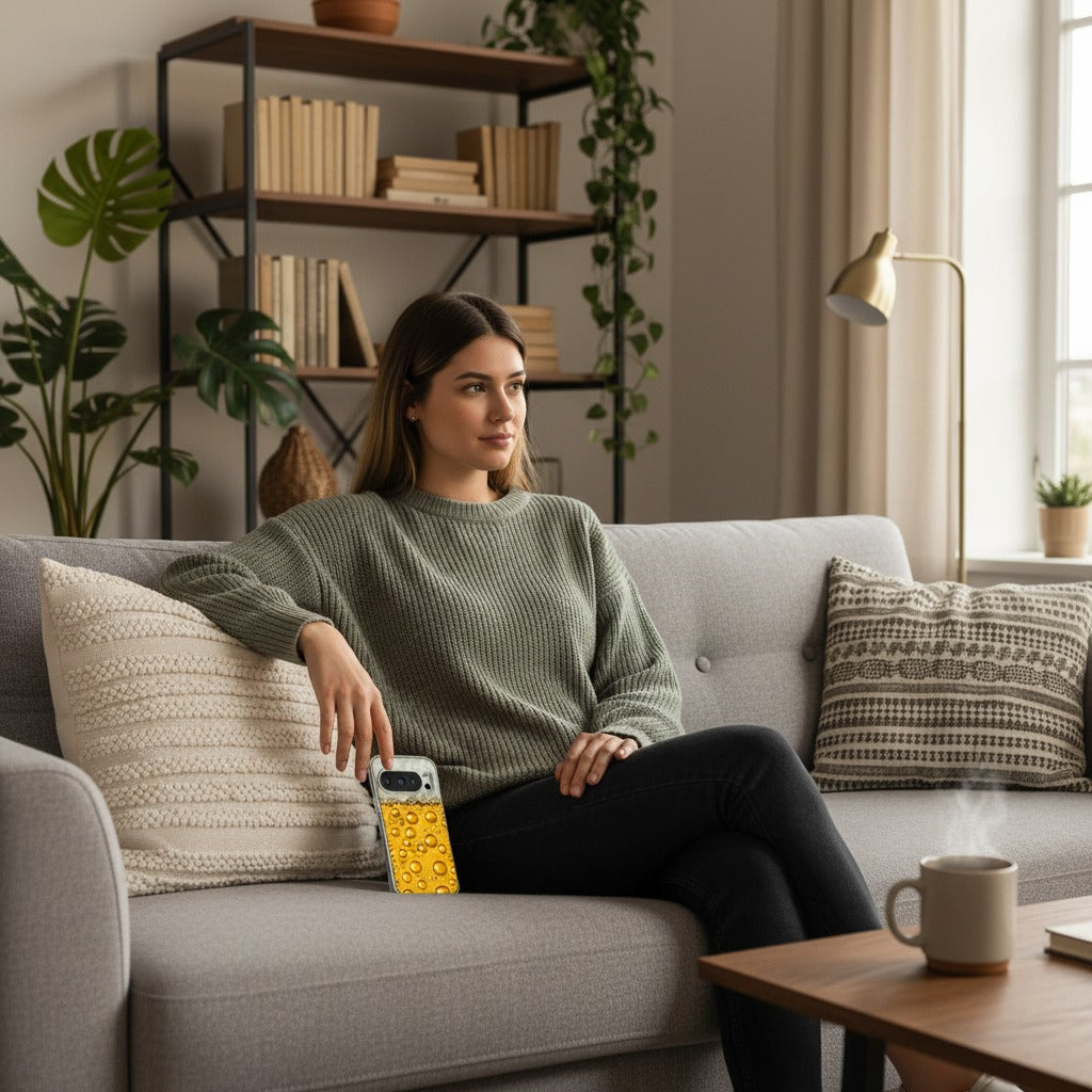 Google Pixel 10 / 10 Pro TPU hoesje Bier - lifestyle foto in huiselijke setting
