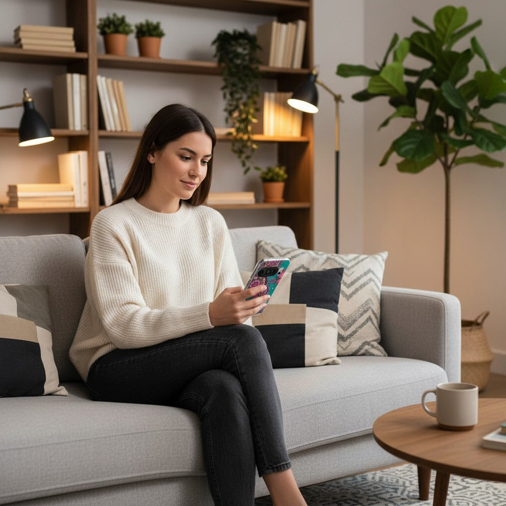 Google Pixel 10 / 10 Pro TPU hoesje Cirkels en Vlinders - lifestyle foto in huiselijke setting
