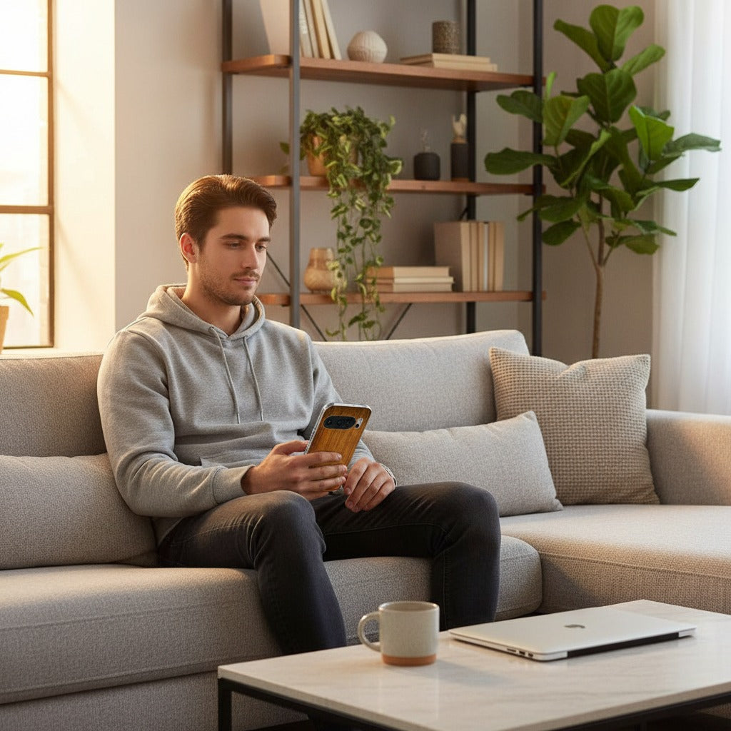 Google Pixel 10 / 10 Pro TPU hoesje Donker Hout - lifestyle foto in huiselijke setting