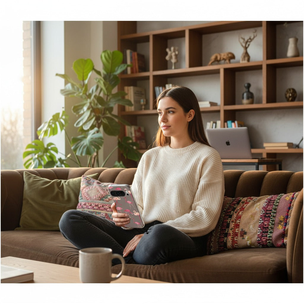 Google Pixel 10 / 10 Pro TPU hoesje Flamingo - lifestyle foto in huiselijke setting
