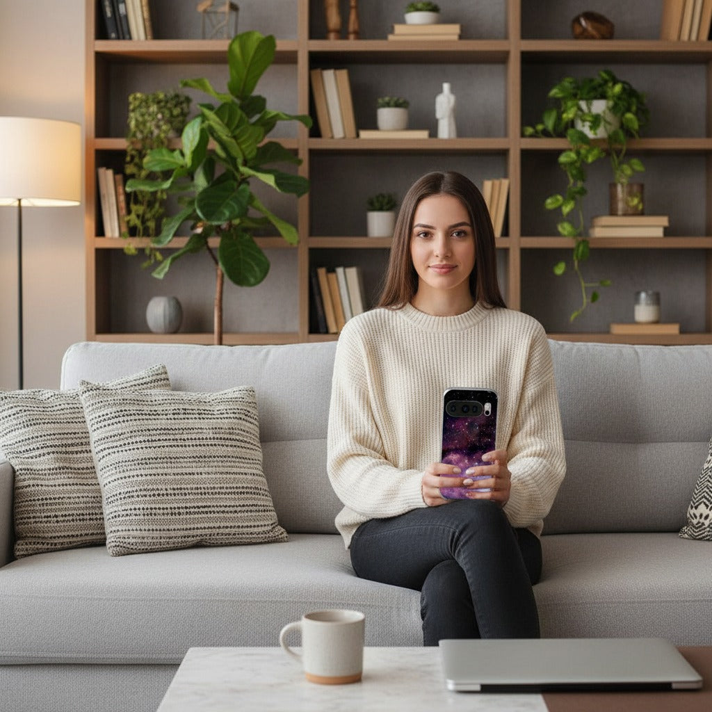 Google Pixel 10 / 10 Pro TPU hoesje Galaxy - lifestyle foto in huiselijke setting