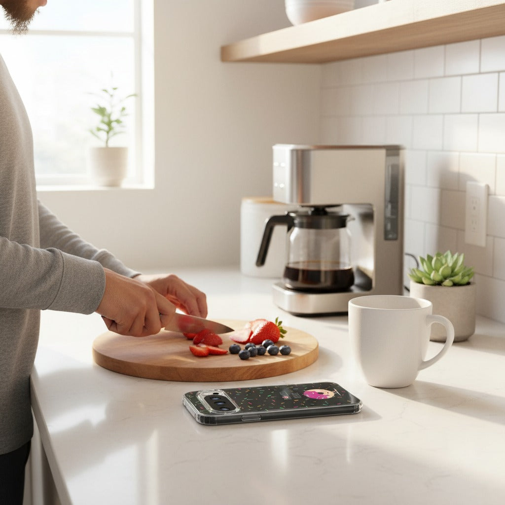 Google Pixel 10 / 10 Pro TPU hoesje Donut - lifestyle foto in huiselijke setting