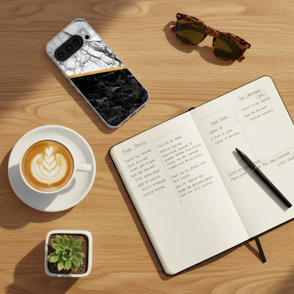 Google Pixel 10 / 10 Pro TPU hoesje Marble White Black - lifestyle foto in huiselijke setting