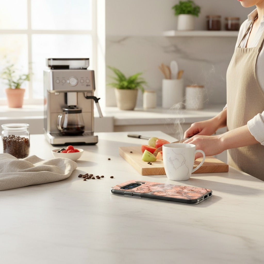 Google Pixel 10 / 10 Pro TPU hoesje Marmer Oranje - lifestyle foto in huiselijke setting