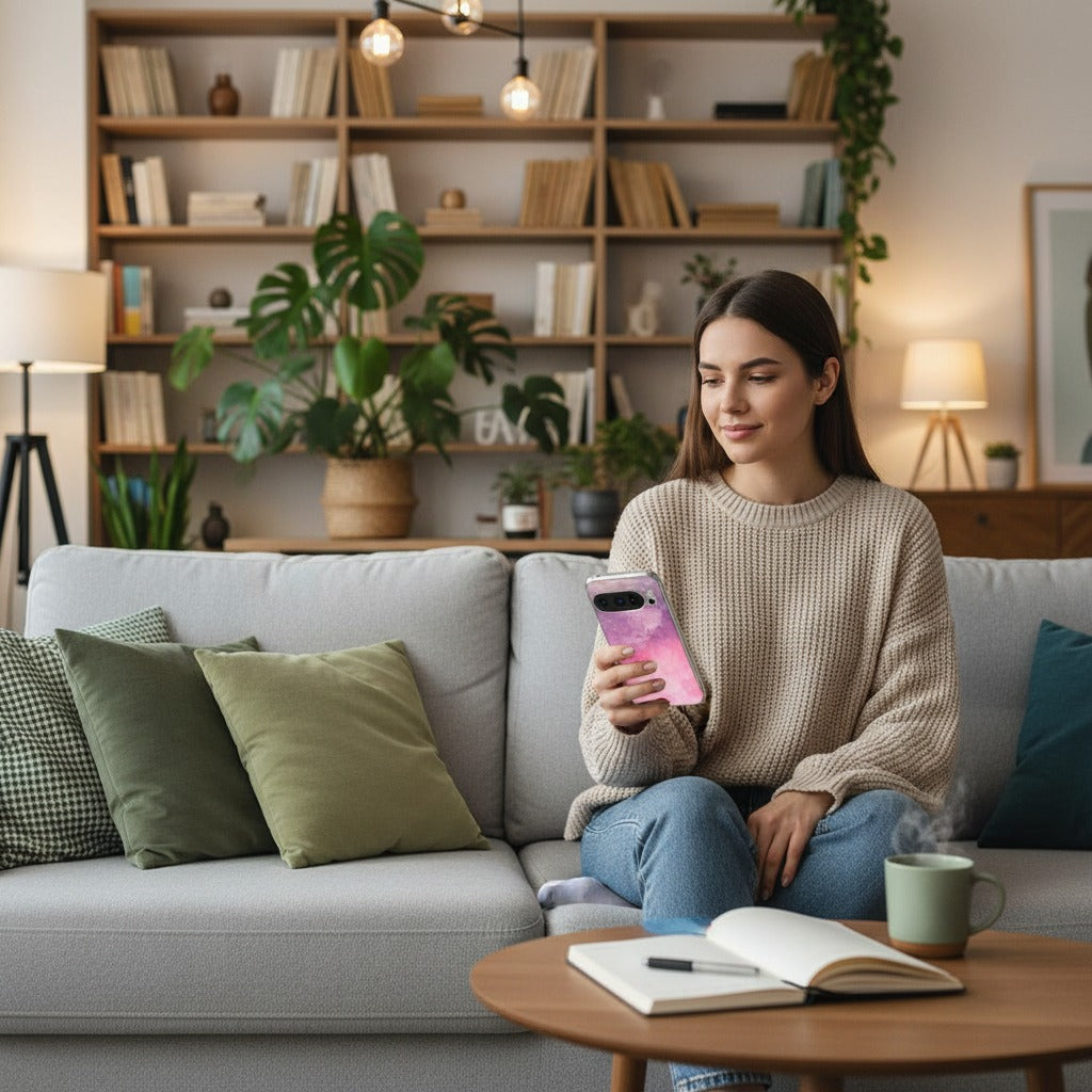 Google Pixel 10 / 10 Pro TPU hoesje Pink Purple Paint - lifestyle foto in huiselijke setting