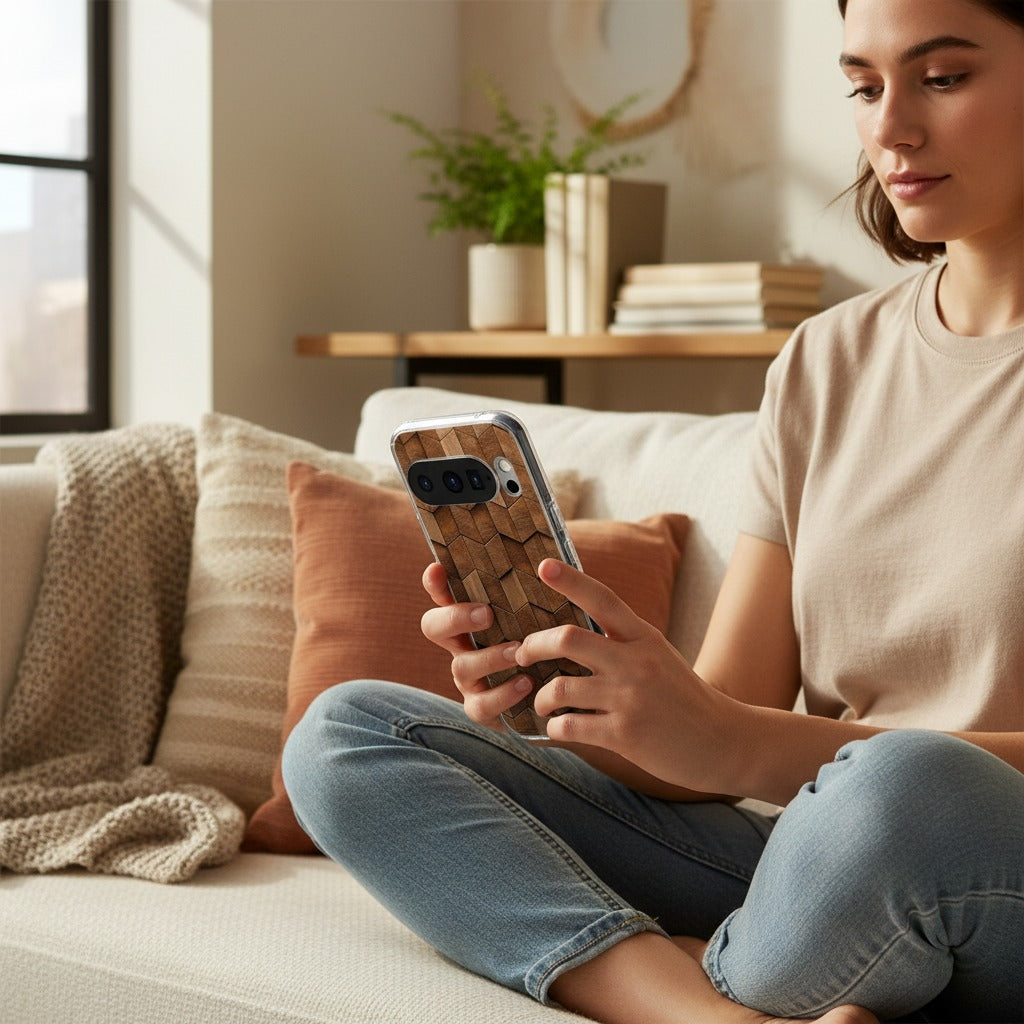 Google Pixel 10 / 10 Pro TPU hoesje Wooden Cubes - lifestyle foto in huiselijke setting