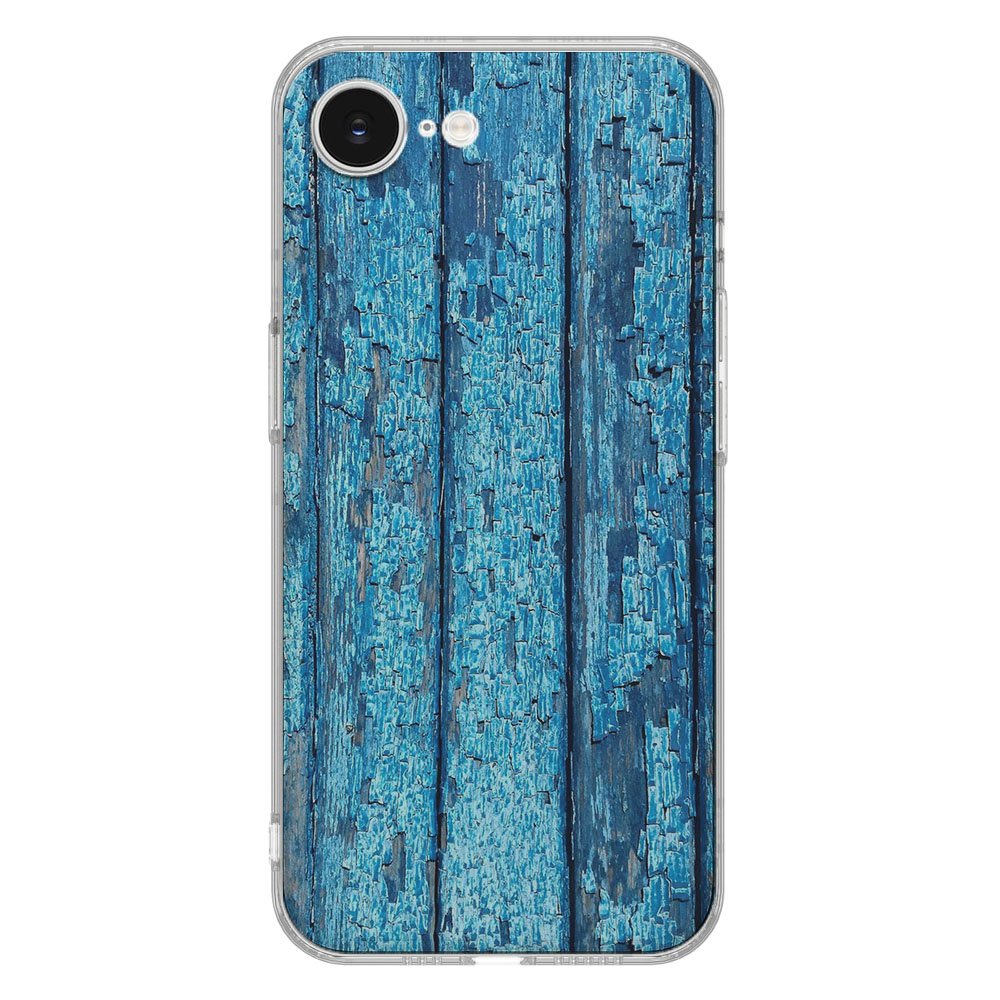 TPU Hoesje iPhone 16e - Wood Blue Backcover op een smartphone met een natuurlijke houtlook.
