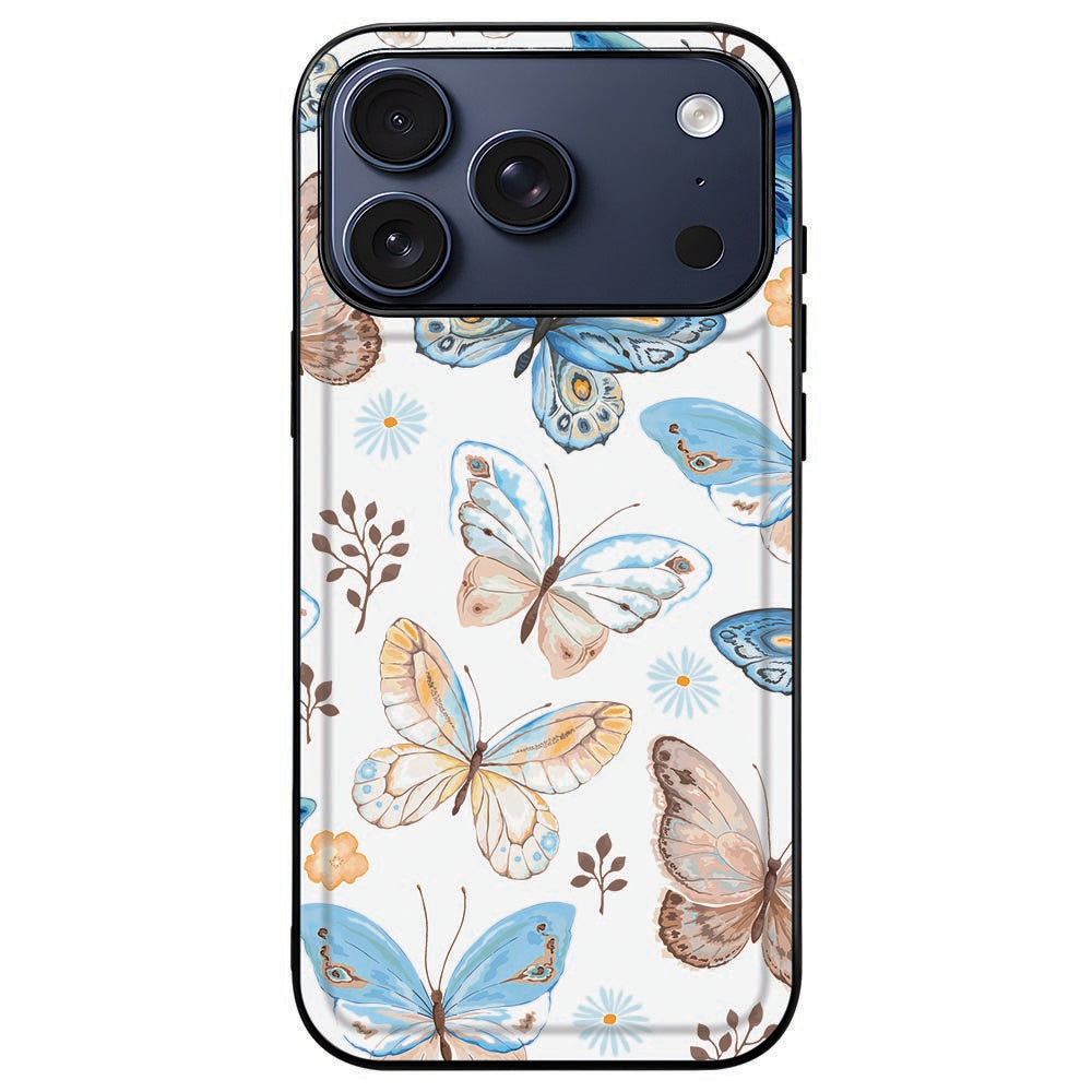 iPhone 18 Pro Max met Vlinder hoesje, blauwe vleugels binnen de zwarte rand rond de camera