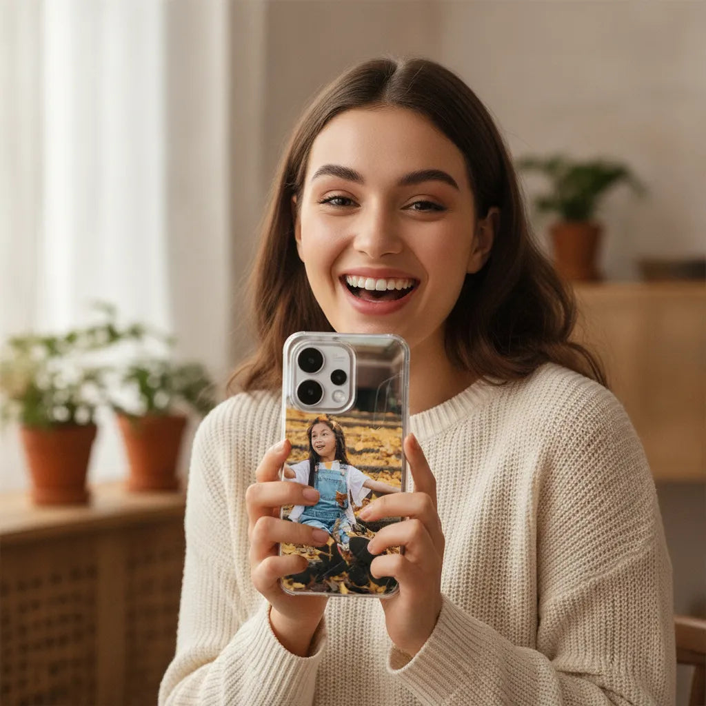 Vrouw met OPPO Reno15 Hoesje Ontwerpen met Eigen Foto, lachend en poseerend met haar gepersonaliseerde hoesje.