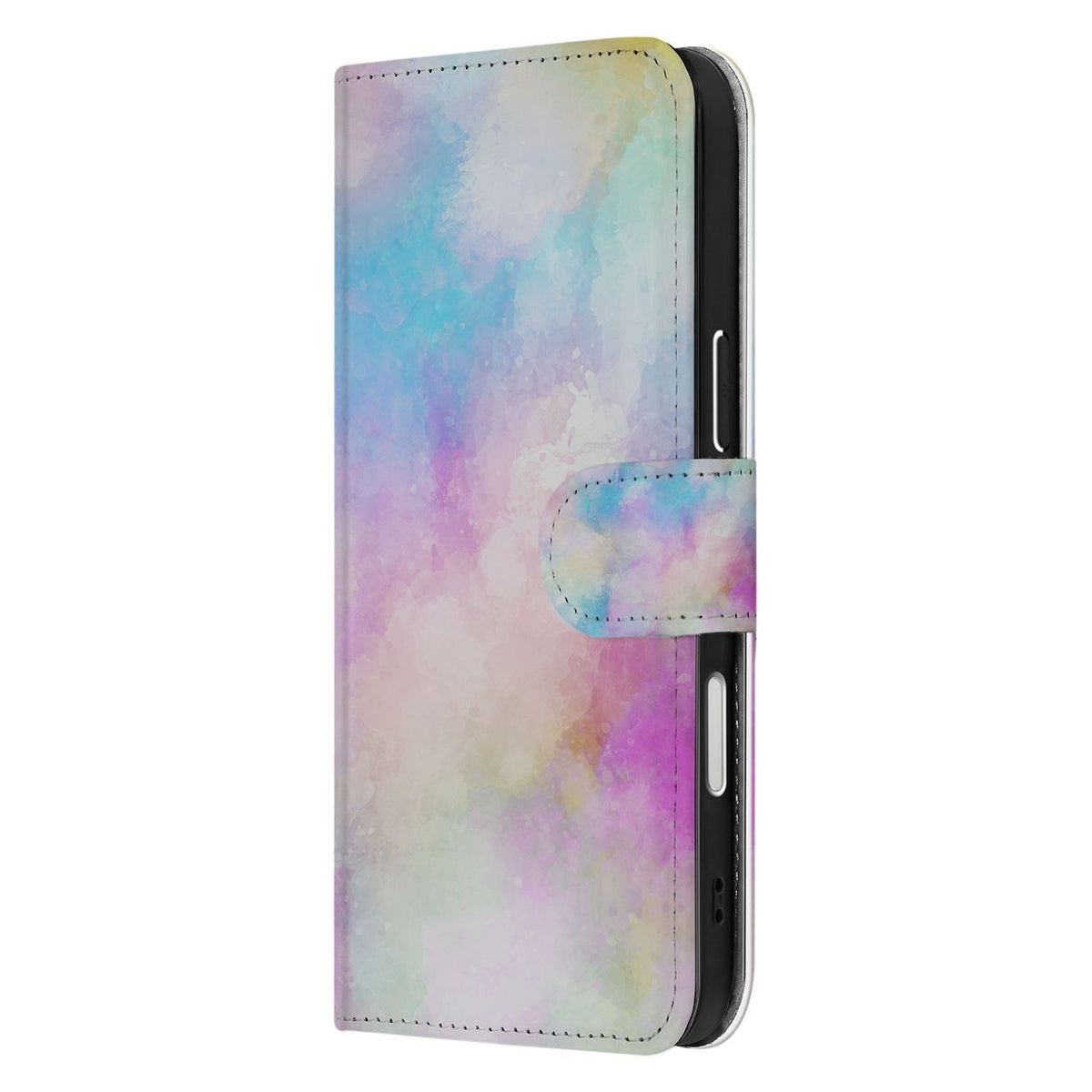 Zijkant van de iPhone 18 Pro Watercolor Light bookcase met sluitlip in roze en blauw
