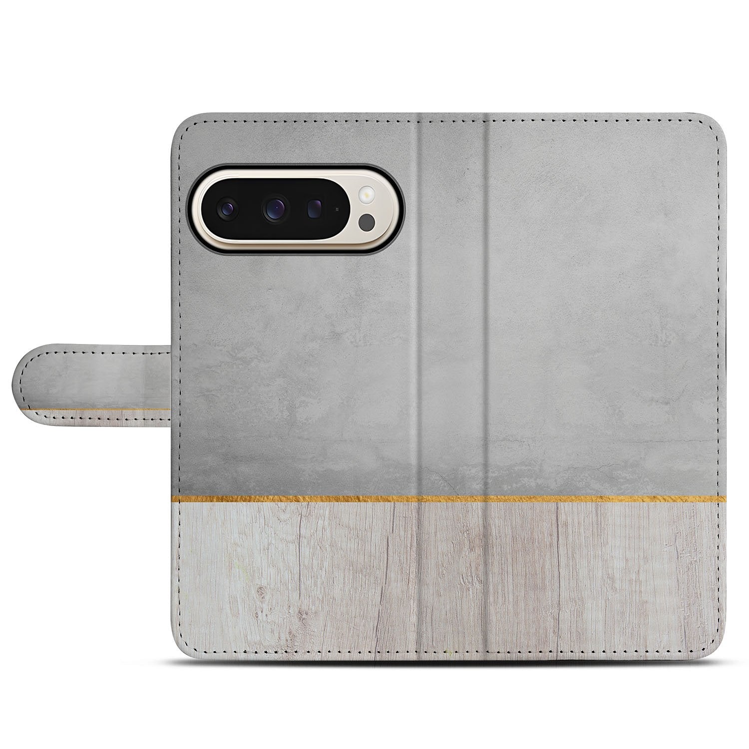 Wood Concrete Google Pixel 10 Pro Portemonnee Hoesje bookcase design grijs hout beton