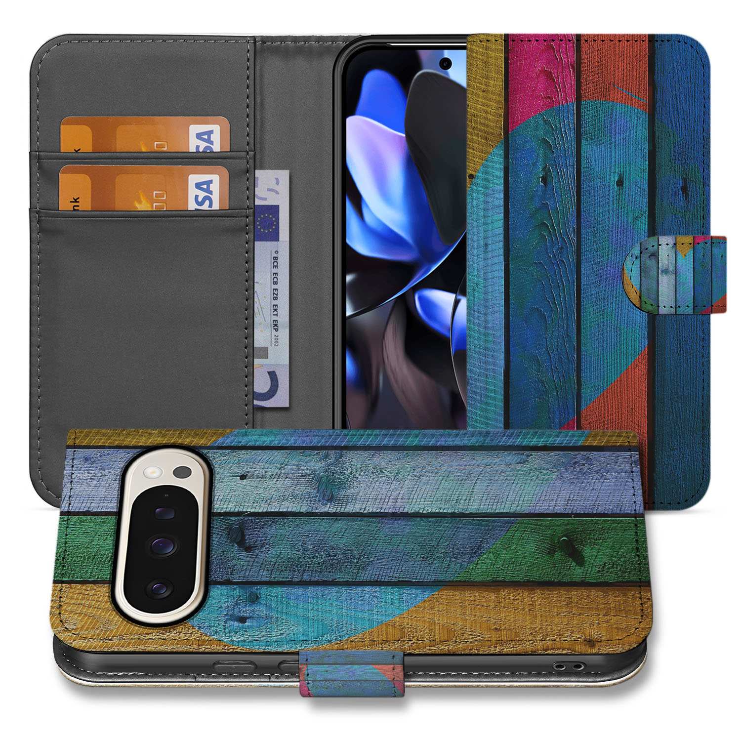 Wood Heart Google Pixel 10 Pro Portemonnee Hoesje book case kleurrijk hout ontwerp aanzicht