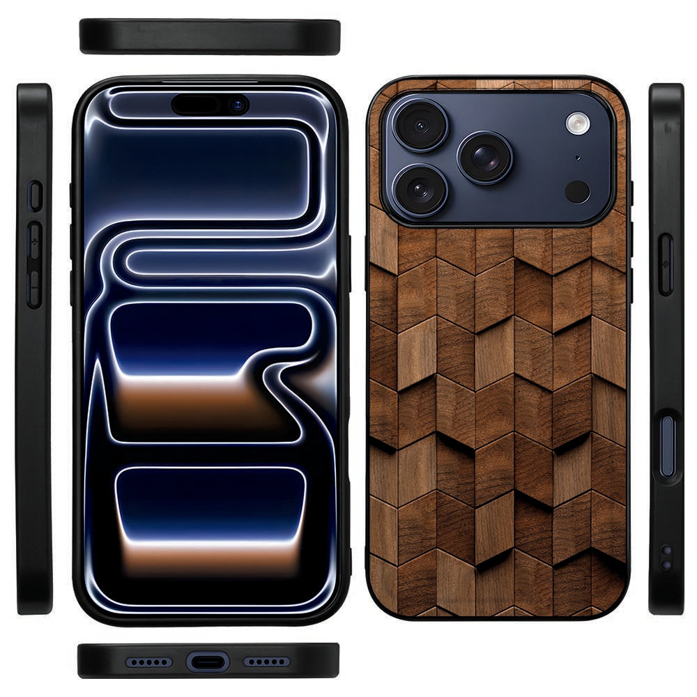 Zijkant van de Wooden Cubes cover voor iPhone 18 Pro Max met zwarte TPU-rand