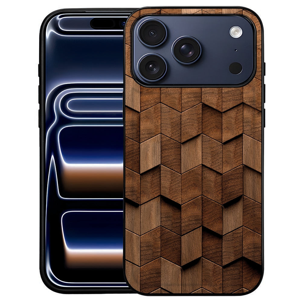 Wooden Cubes Back Cover hoesje voor iPhone 18 Pro Max met bruin kubuspatroon in houtlook