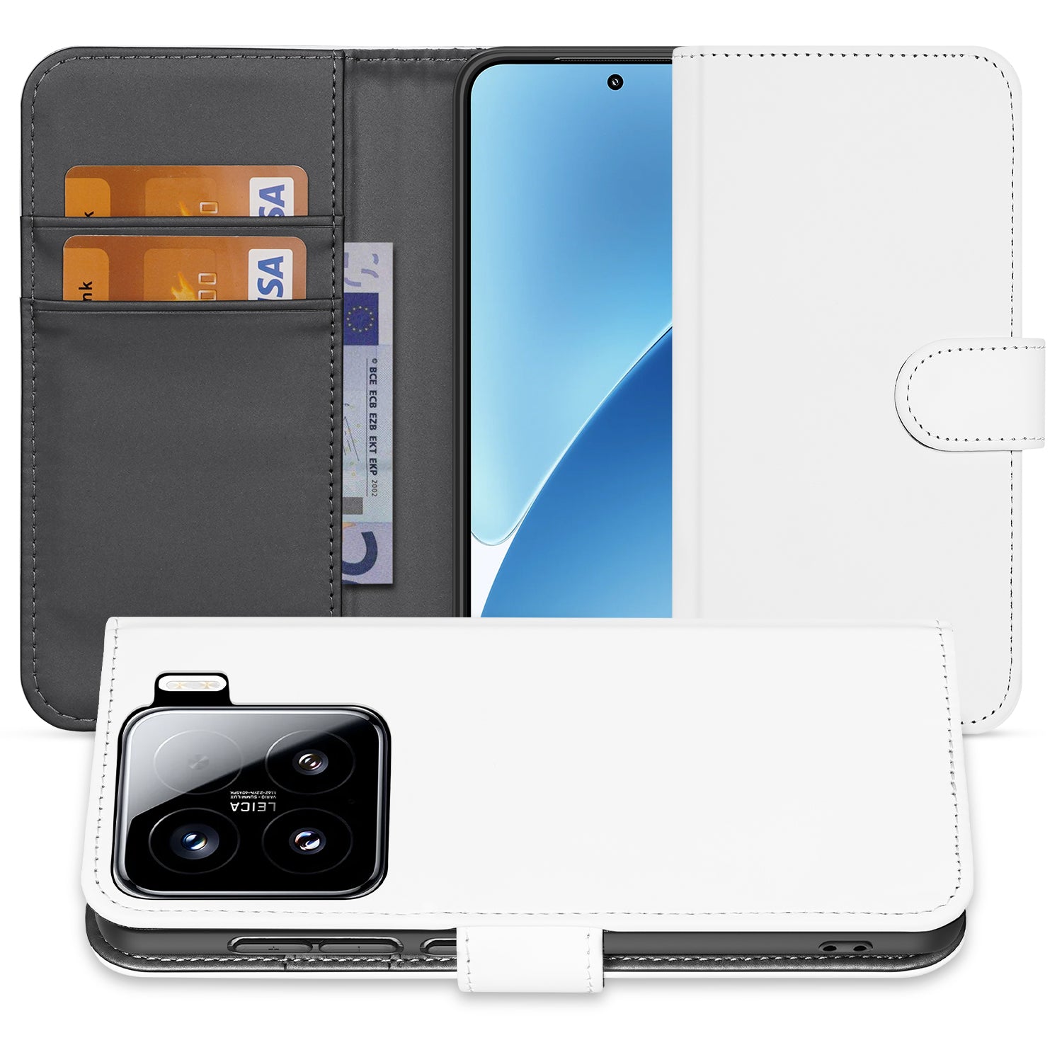 Xiaomi 15 in book case hoesje wit, opengeklapt met pasjeshouders en sluitlip