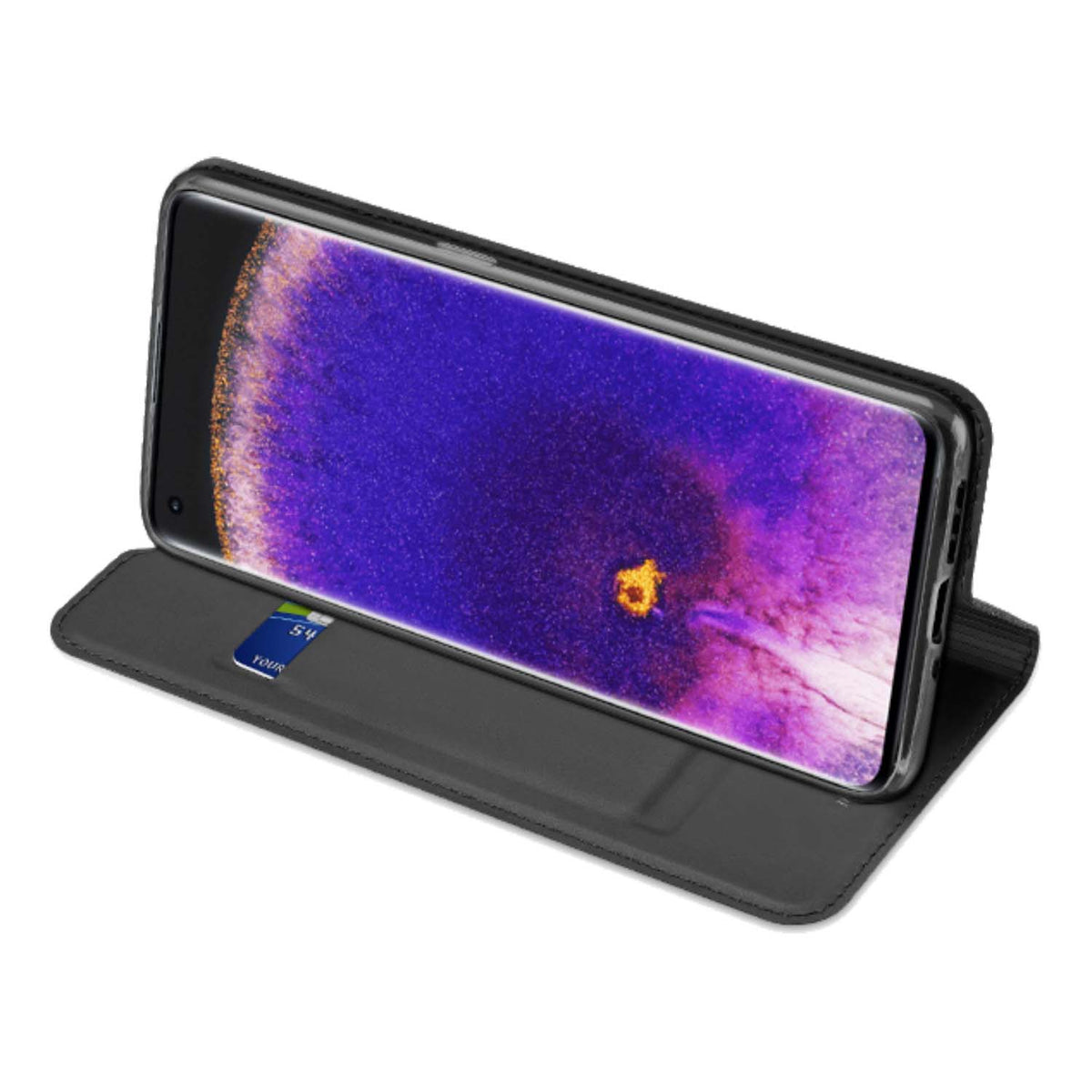 OPPO Find X5 standcase liggend in standpositie, met de klep omgevouwen als standaard en een pasje in het vak