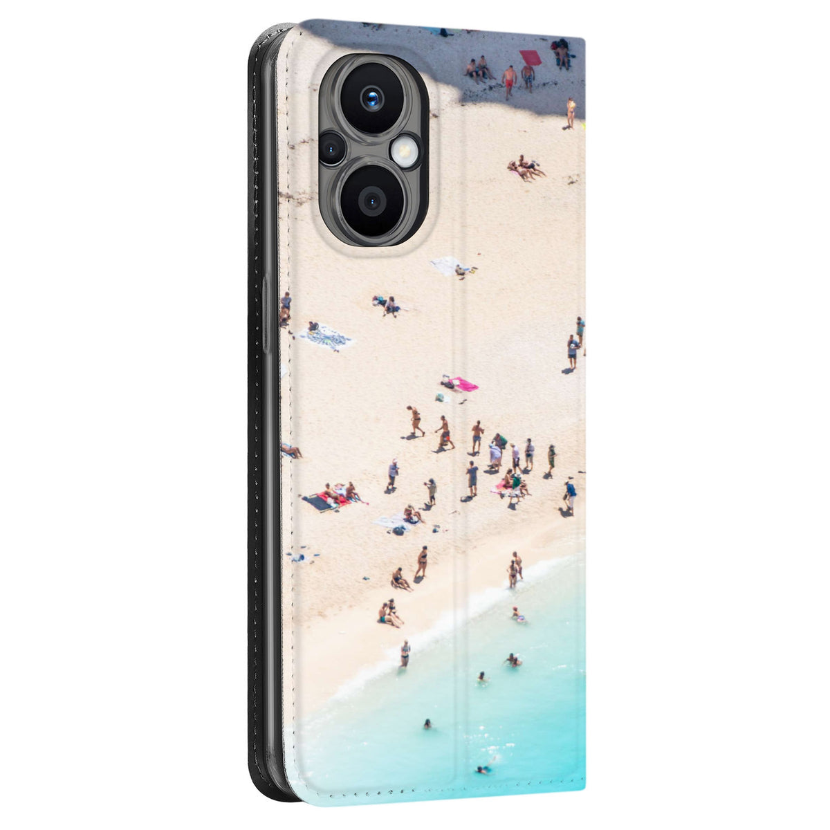 Camera-uitsparing van de OPPO Reno8 Lite standcase, schuin van opzij, met voorbeeldontwerp van turquoise water en strand