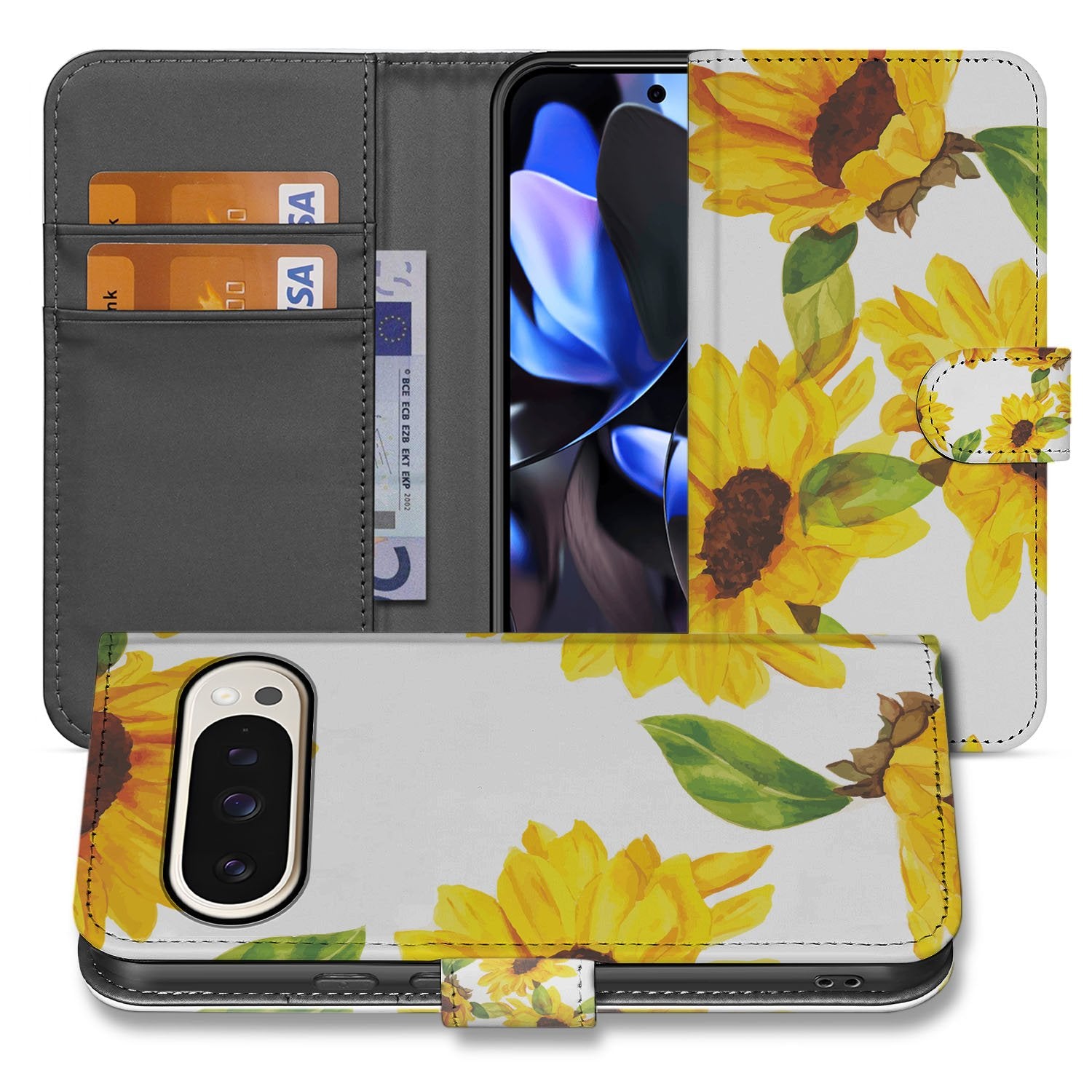 Google Pixel 10 Pro Mooi Zonnebloemen Design Book Case Hoesje voorkant binnenzijde metkaartvakken