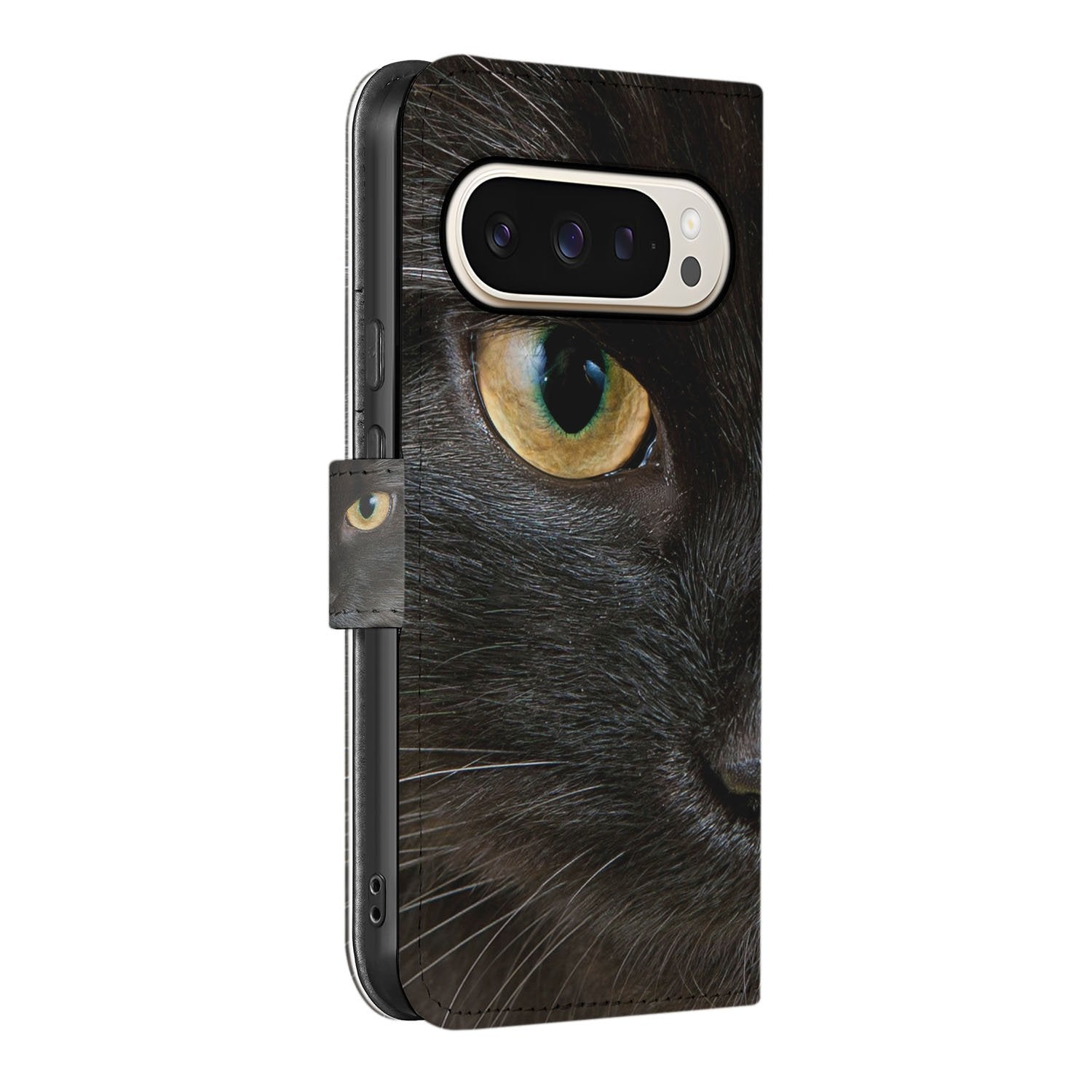 Google Pixel 10 en 10 Pro Zwarte Kat Design Portemonnee Hoesje zij aanzicht